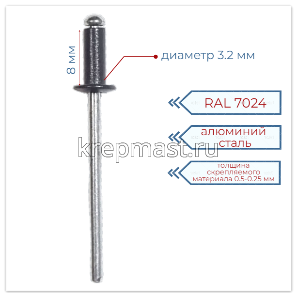 Заклёпка алюминий/сталь 3,2х 8 RAL 7024